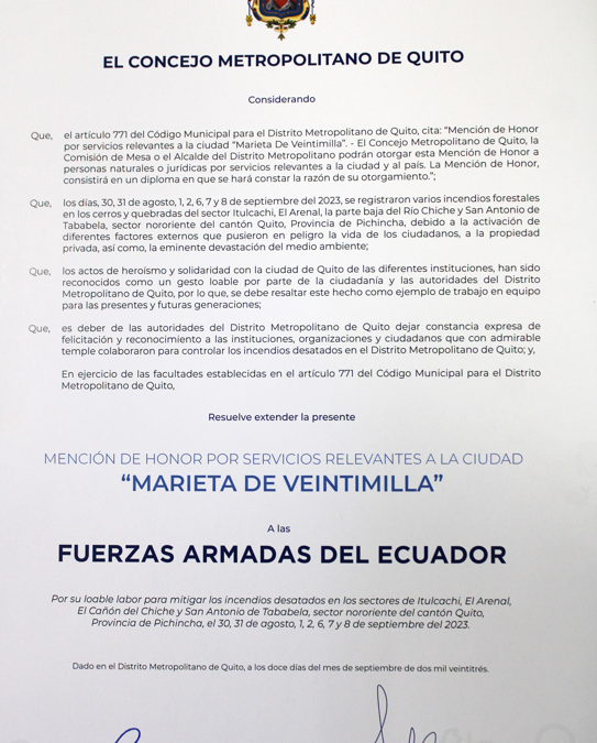 Reconocimiento Mención de Honor por Servicios Relevantes a la Ciudad “Marieta De Veintimilla” para FF.AA.