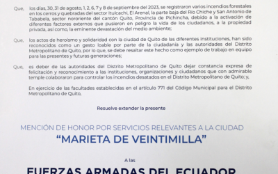 Reconocimiento Mención de Honor por Servicios Relevantes a la Ciudad “Marieta De Veintimilla” para FF.AA.